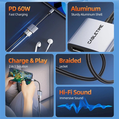 Переходник USB-C M to USB-C F Audio + USB-C F PD60W Cabletime (CA915781) Вінниця - фото 3