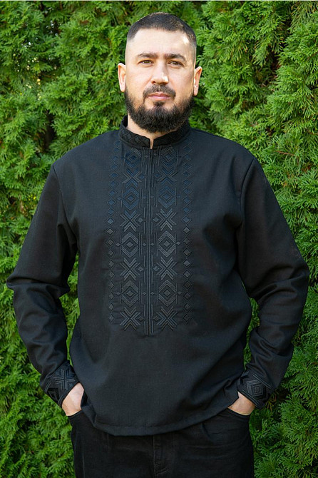 Вишиванка чоловіча, лляна, з довгим рукавом, чорна льон  , топ 64 Київ - фото 1