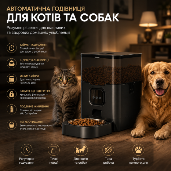 Автоматична годівниця для котів і собак 4L з таймером годування | Розумна годівниця для тварин | Диспенсер корму Київ