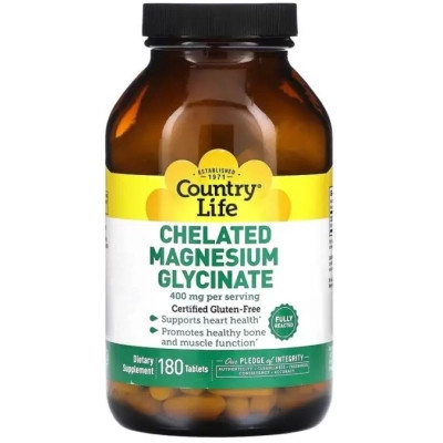 Вітамінно-мінеральний комплекс Country Life Магній Хелатний гліцинат, 400 мг, Chelated Magnesium Glycinate, 180 таб (CLF-02681) Вінниця - фото 1