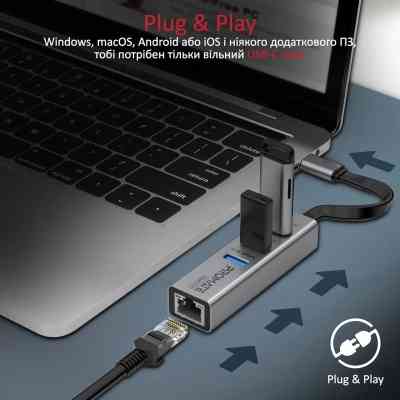 Концентратор Promate USB Hub 4 ports gigahub-c.grey (gigahub-c.grey) Винница