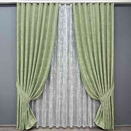 Комплект штор VR-Textil Жакард Мармур 150х270 2шт і Тюль 600х270 1147ш-1400т Світло-оливковий з білим 71-192/5 Київ