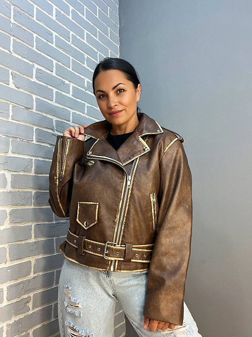 Куртка женская Aftf Basic 2456 косуха молнии пояс вареные швы экокожа коричневая, коричневый, L Киев - изображение 5