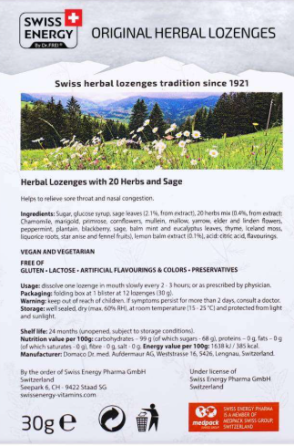 Льодяники з м'ятою, шалфеєм для дітей Swiss Energy Herbal Lozenges Blister 20 herbs Sage for kids 12 мед Київ