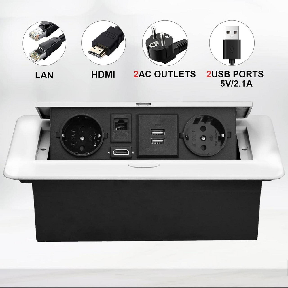 Розетка встроенная скрытая выдвижная 2 евророзетки 2 USB HDMI TD-сеть Врезная скрытого монтажа для стола белая Киев - изображение 2