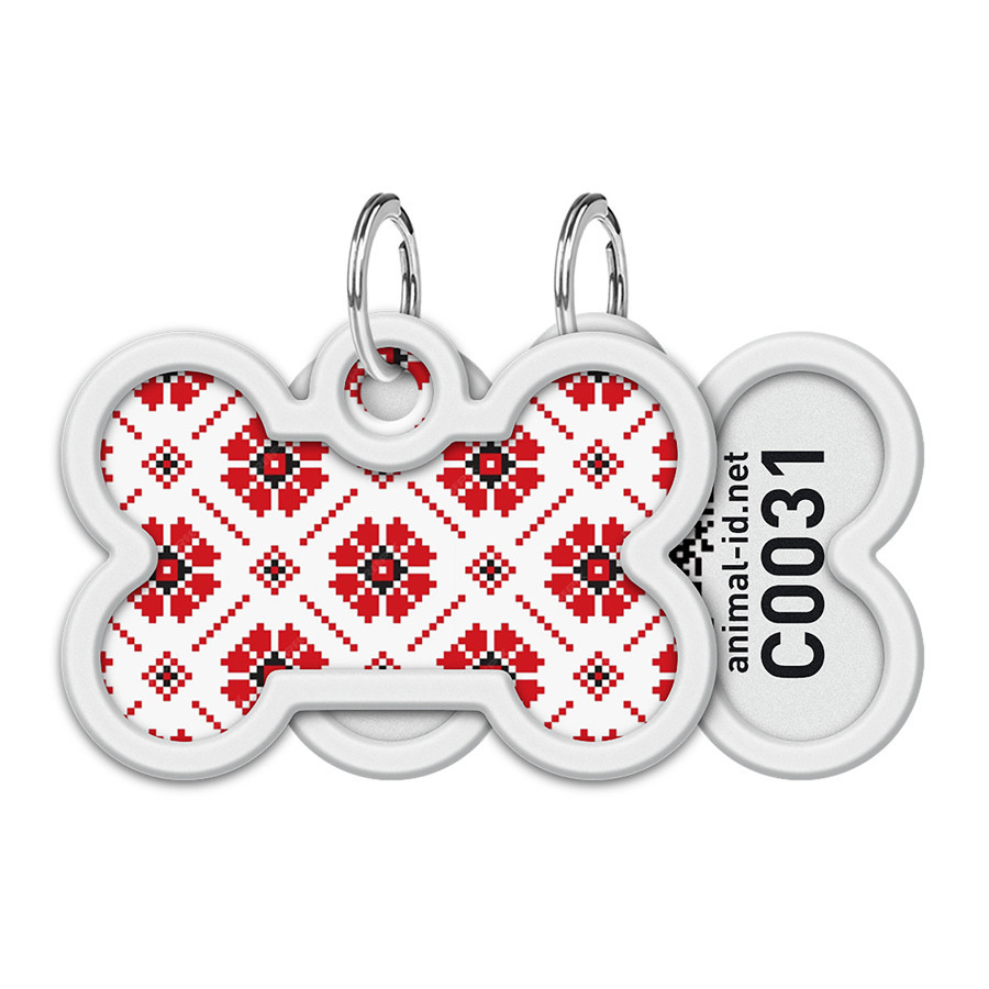 Адресник для собак і котів металевий WAUDOG Smart ID з QR-паспортом, малюнок "Вишиванка", кістка, Д 40 мм, Вінниця - фото 1
