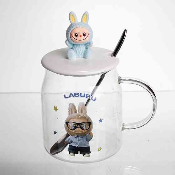 Новорічна велика скляна чашка "Лабубу" з кришкою та ложкою 600 мл,Святкова кружка чашка для дітей на подарунок Блакитний FM-56D Київ
