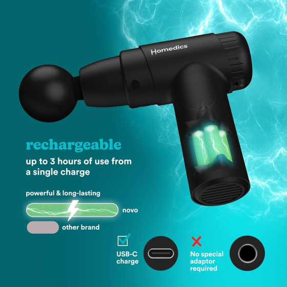 Міні-масажний пістолет HoMedics NOVO Black ручний перкусійний вібромасажер із підігрівом, 4 насадки, 6 швидкостей Київ