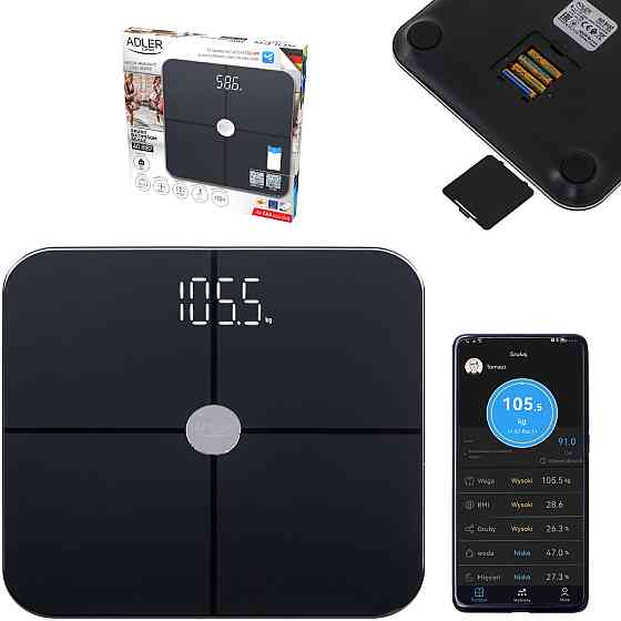 Ваги напольні Adler AD 8187 black електронні/ Smart/ 180кг/ 4хААА/ автовимкнення/ чорні Винница