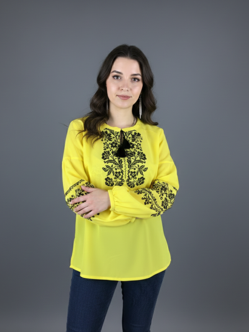 Вишита блуза з шифону в жовтому кольорі з чорним орнаментом Київ - фото 2