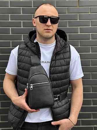 Мужская сумка-бананка через плечо 18х32х7, унисекс рюкзак на грудь с натуральной кожи TIDING BAG 3280 черный Киев