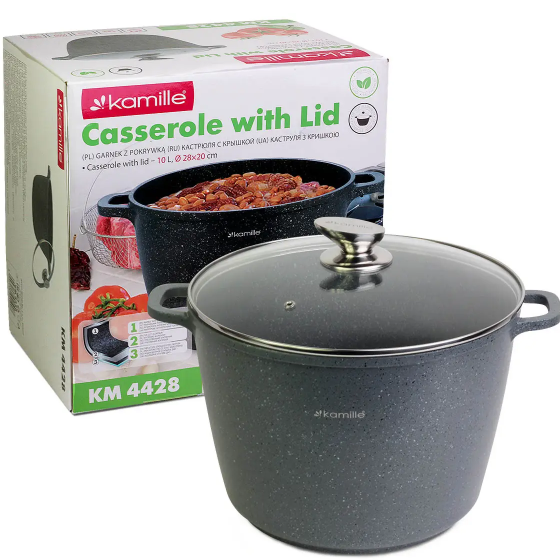 Каструля литий алюміній глибока 10л 28*20см скляна кришка а/п Granite 4428 KAMILLE Житомир - фото 4