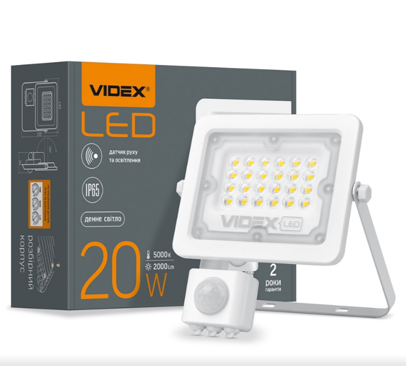 LED Прожектор 20W 5000К 220V з датчиком руху та освітлення білий VL-F2e205W-S Videx Житомир - изображение 1