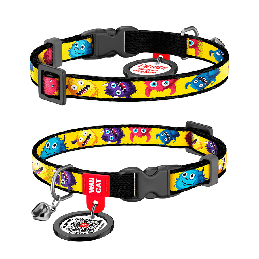 Нашийник для котів нейлоновий WAUCAT Nylon з QR паспортом, малюнок "Мохнаті монстри", пластиков Коломия - фото 1