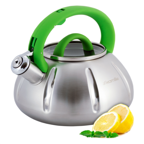 Чайник 3л із нержавіючої сталі зі свистком і скляною кришкою (ручки: зелена, синя, дерево) KAMILLE 0 Житомир - фото 1