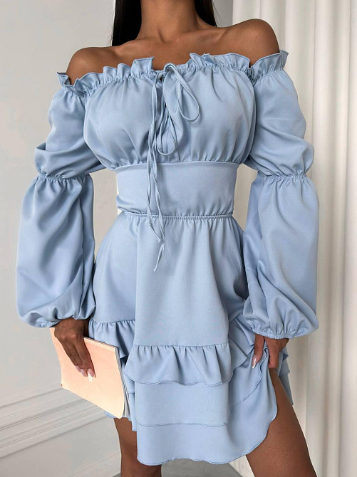 Женское стильное мини платье с воланами креп костюмка Голубой, 42/44 Одесса - изображение 1