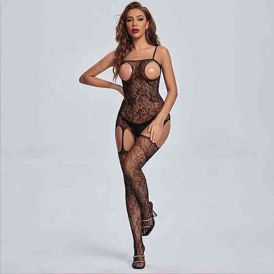 Бодістокінг еротичний сітчастий з геометричним візерунком з відкритими грудьми XS-S-M Чорний Вінниця