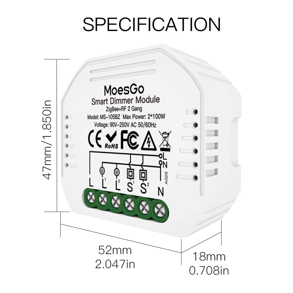 Двухканальный умный Zigbee диммер-модуль MoesGo на 2 кнопки, выключатель света с регулировкой яркости для Tuya Smart Life Киев - изображение 8