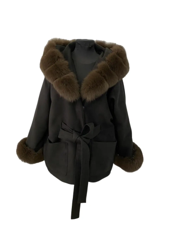 Пончо женское натуральный мех оверсайз с капюшоном и манжетами Черный 54/56 Харьков