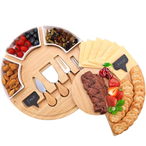 Дошка бамбукова кругла для сиру і закусок з ножами, дерев'яна сервірувальна менажниця діаметр 33 см Кам'янець-Подільський