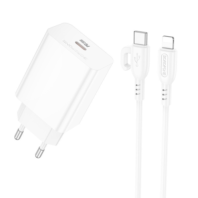 Мережевий зарядний пристрій з кабелем BOROFONE BA21A Pro Long journey single port PD20W charger set(C to iP) White Одеса - фото 1