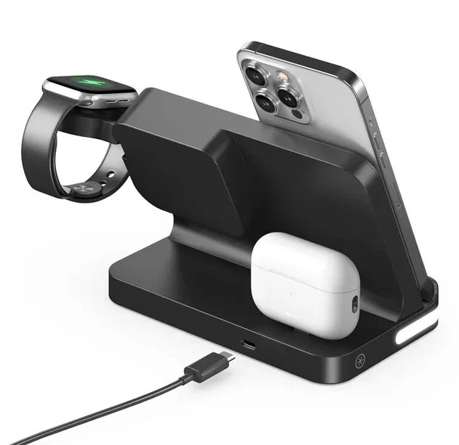 Магнітна зарядна док-станція СтенД 4в1 B22-APB-20W Lightning для телефона годинника та навушників Чорний Вінниця - фото 2