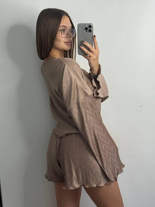 Жіночий комплект зі стрейч-плісе: кофточка та шорти Капучино XS-S Харків - фото 3