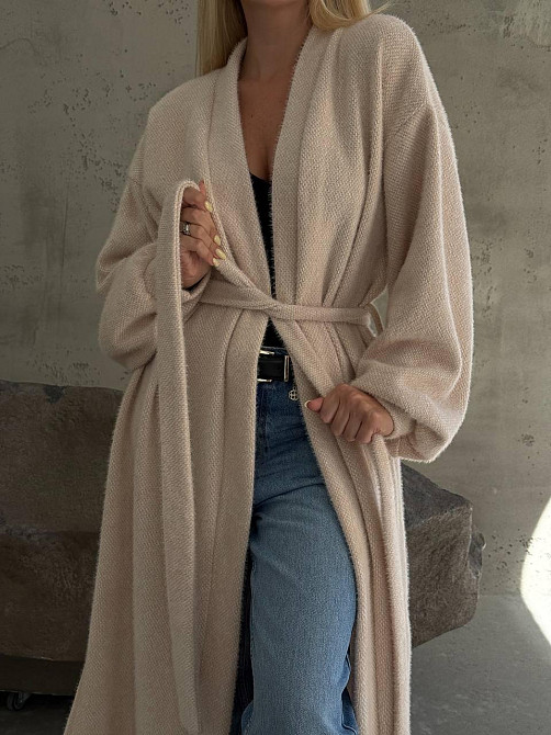 Жіночий затишний оверсайз кардиган із поясом альпака Бежевий Одеса - фото 1