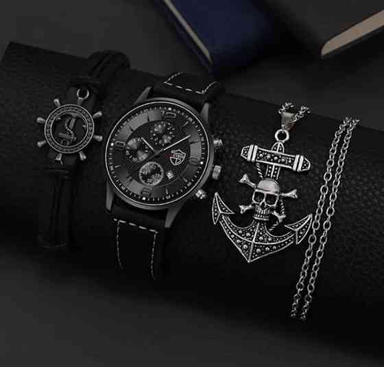 Подарочный набор для мужчин: 1наручные часы, 1 браслет и 1 ожерелье- диам 4,2 дл 22см шир рем 2см, без коробки Киев