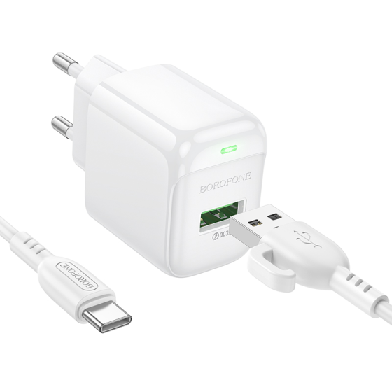 Сетевое зарядное устройство с кабелем BOROFONE BAS42A Potential single-port QC3.0 charger set(Type-C) 18W White Одесса