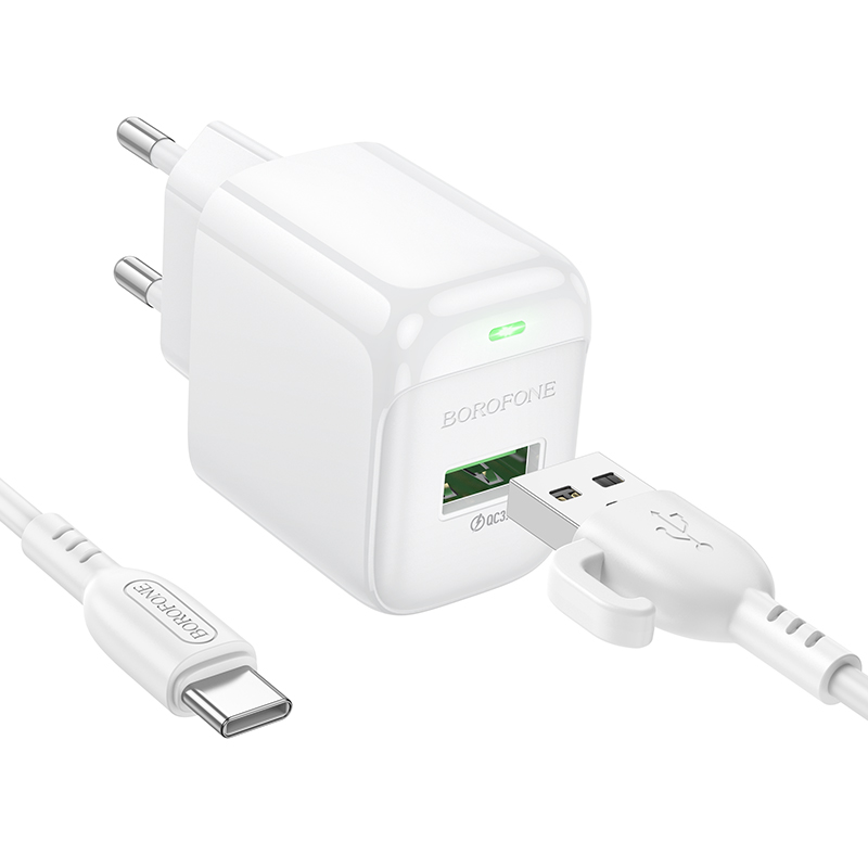 Мережевий зарядний пристрій з кабелем BOROFONE BAS42A Potential single-port QC3.0 charger set(Type-C) 18W White Одеса - фото 3