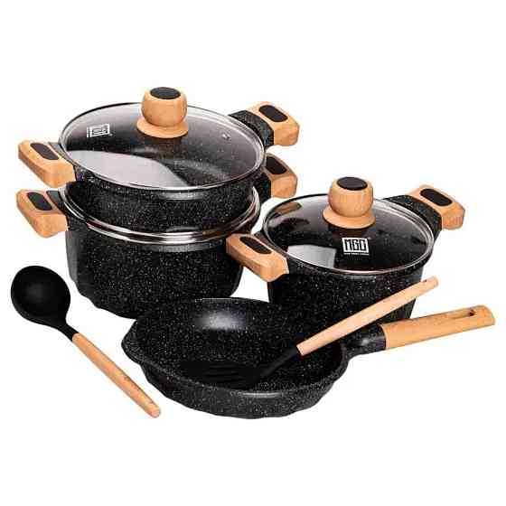 Набор посуды: 3 кастрюли с лопаткой и половником, черный Киев