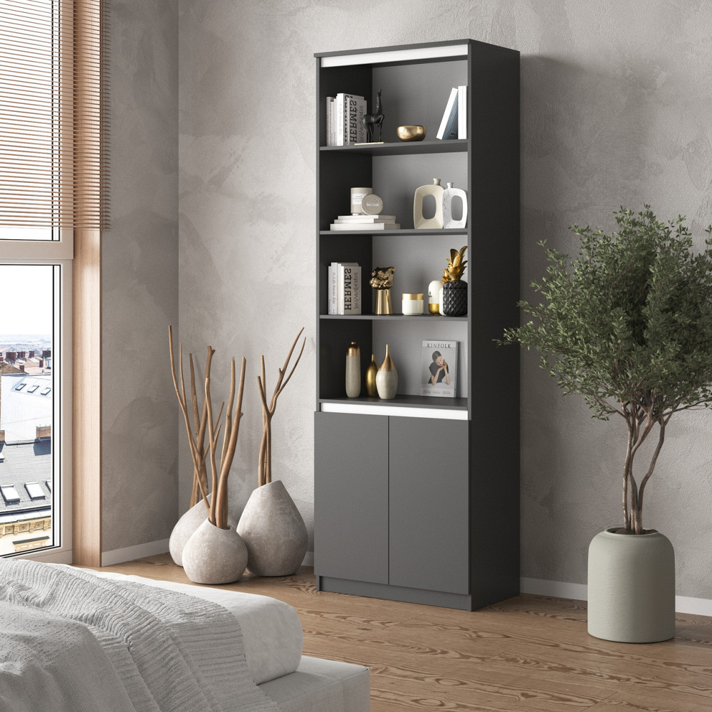 Шкаф для книг VAYS, пенал с полками R-29 Антрацит-Белые планки Львов - изображение 1