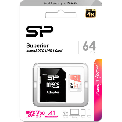Карта памяти Silicon Power 64GB microSDXC class 10 UHS-I U3 V30 A1 Superior (SP064GBSTXDV3V20SP) Винница - изображение 3
