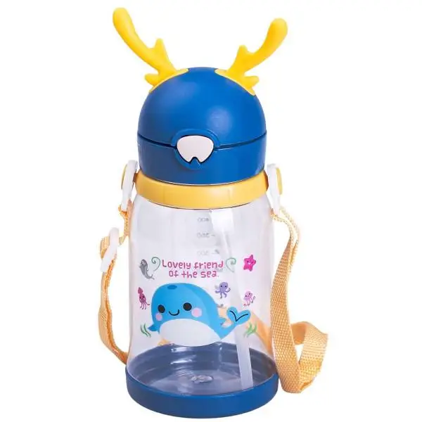 Пляшка для води дитяча 550 мл на ремінці пляшечка з трубочкою для спорту та школи Синя HP-14-44BL Київ - фото 1