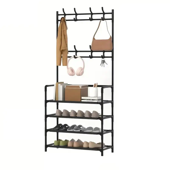 Напольная вешалка-органайзер для одежды и обуви 154×60×29,5 см с 4 прочными полками, металлическо-пластиковая конструкция Одесса