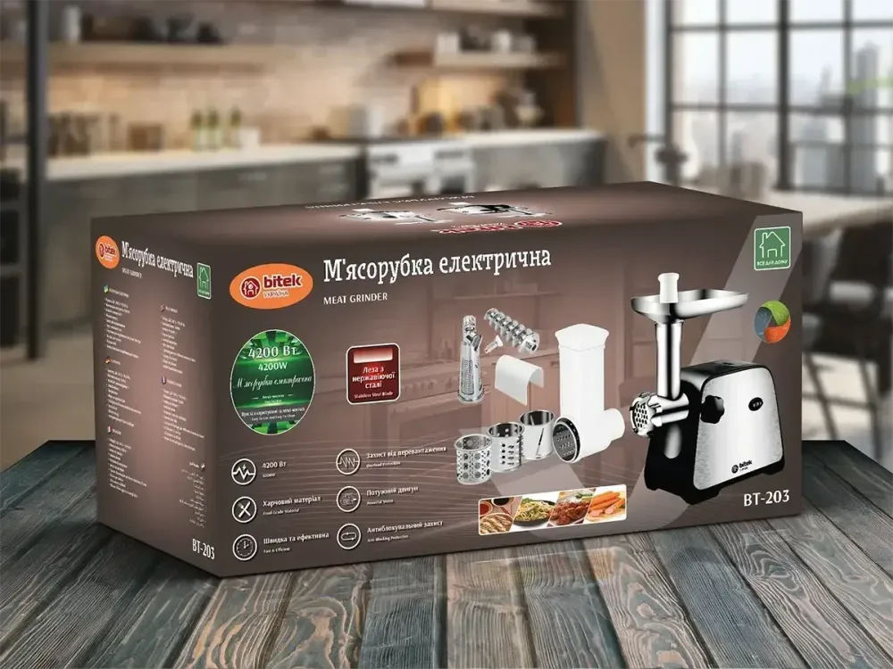 М’ясорубка BITEK BT-203 4200Вт з насадками для ковбас і кеббе, металеві ножі, потужна й надійна Одеса - фото 1