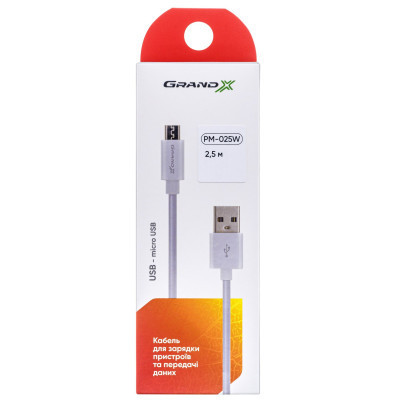 Дата кабель USB 2.0 AM to Micro 5P 2.5m white Grand-X (PM025W) Винница - изображение 3