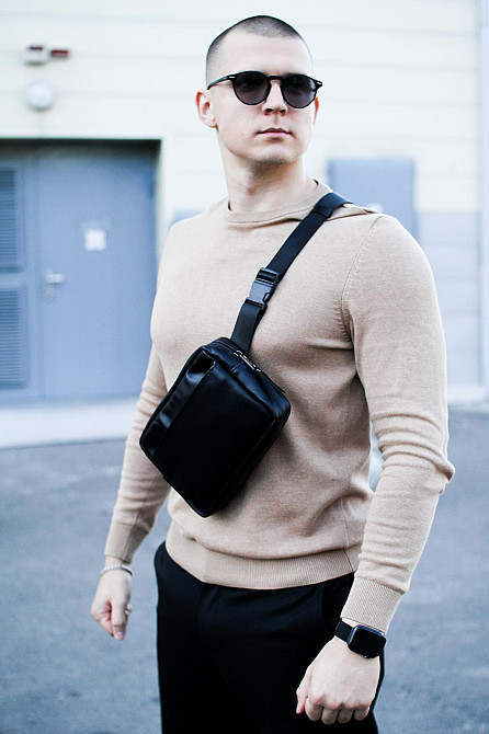 Кроссбоді, бананка із натуральної гладкої шкіри, шкіряна сумка на пояс SKILL (Чорна) Суми - фото 2