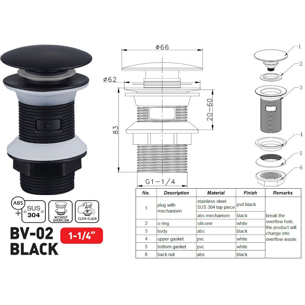 Донный клапан для раковины Zerix BV-02 BLACK 1 1/4'' без перелива автоматический СLICK-СLACK (Цвет черный) (ZX6018) Киев - изображение 6