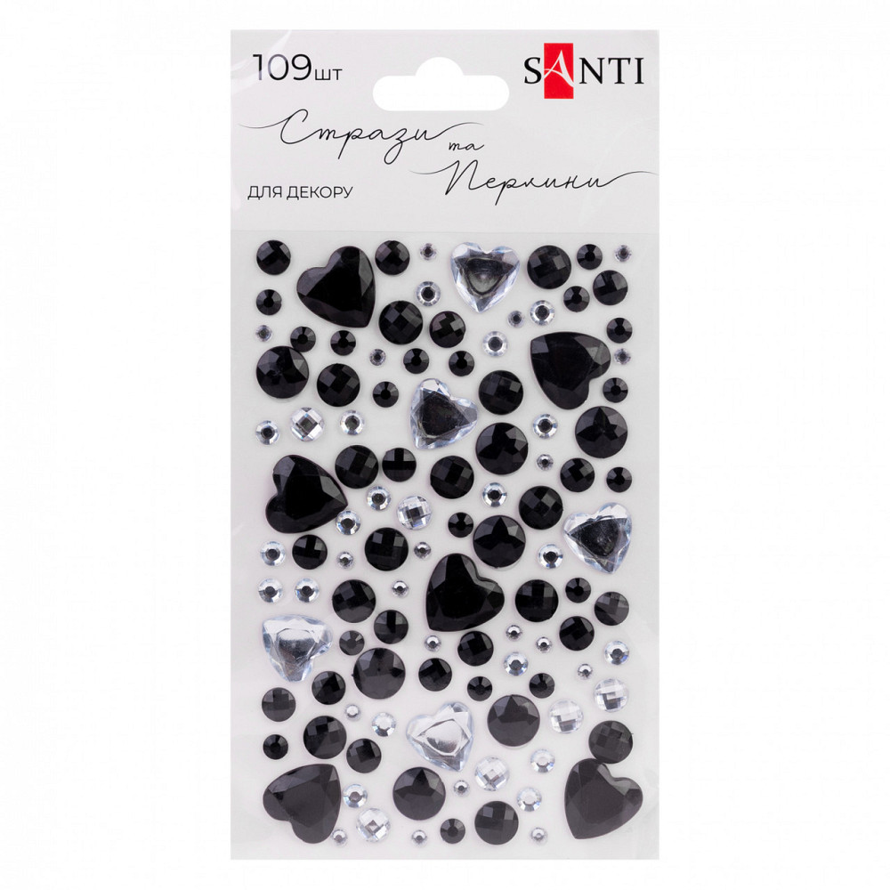 Стрази "Santi" самоклеючі "Heart mix" чорні, срібло, 109 шт 743008, шт Київ - фото 1