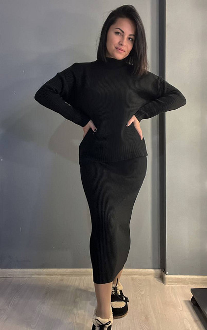 Костюм женский ENJOY 82345 свитер с длинной юбкой рубчик вязка one size черный, черный, one size Киев - изображение 1