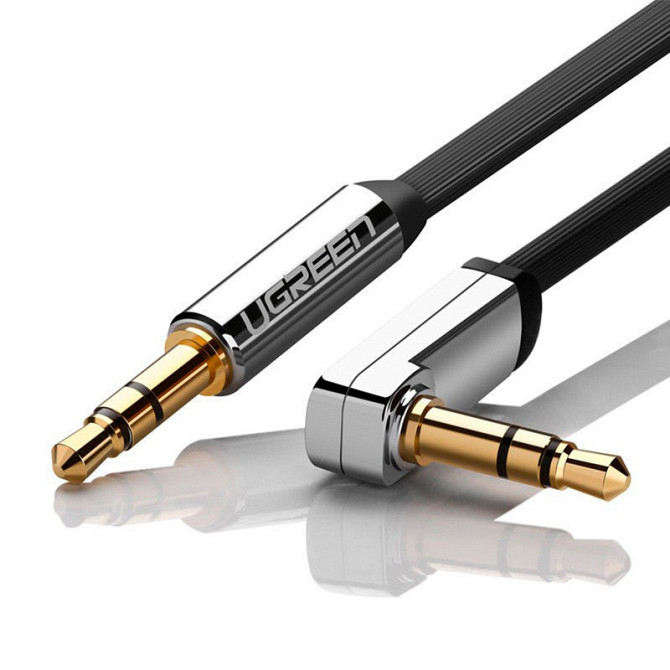 Аудіо кабель AUX 3.5 mm jack Ugreen з кутовим L-подібним штекером AV119 10597 (Чорний з сріблястим, 1м) Николаев - изображение 1