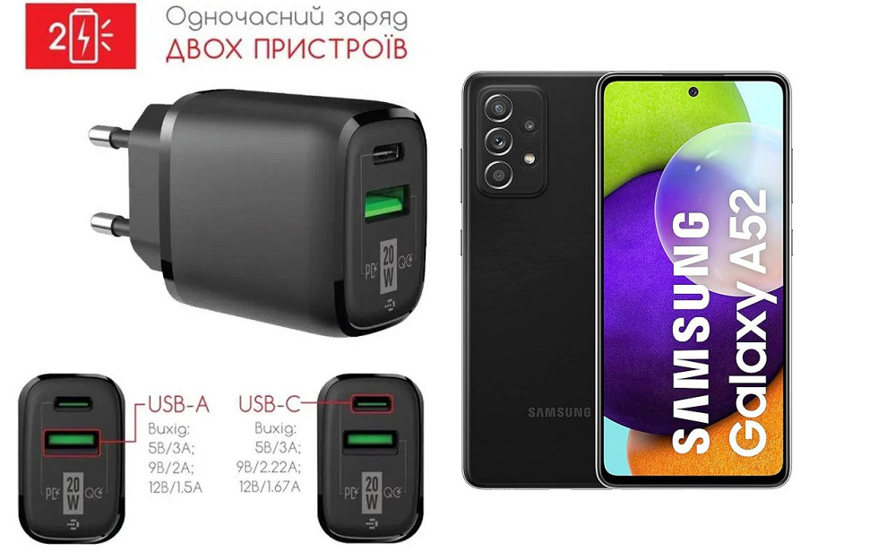 Сетевое зарядное устройство для Samsung Galaxy A52, Galaxy A52s, 20W 3A, Quick Charge 3.0 Киев - изображение 1