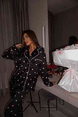 Женская пижама двойка с сердечками из шелка армани Черный 2, 52/54 Одесса