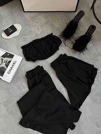 Жіноча піжама-трійка: топ шорти та штани із шовку армані Чорний, 44/46 Одеса