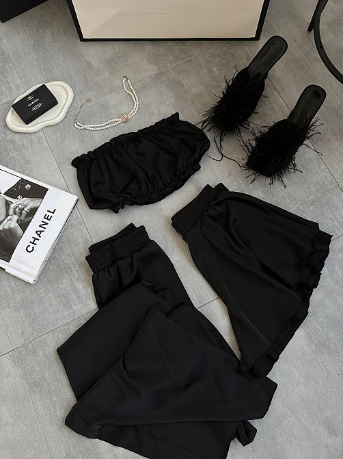 Жіноча піжама-трійка: топ шорти та штани із шовку армані Чорний, 44/46 Одеса - фото 3