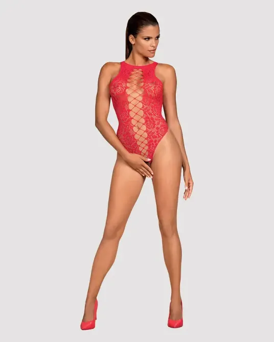 Ажурний бодістокінг із ефектом шнурівки Obsessive B120 teddy red S/M/L, червоний Львів - фото 3