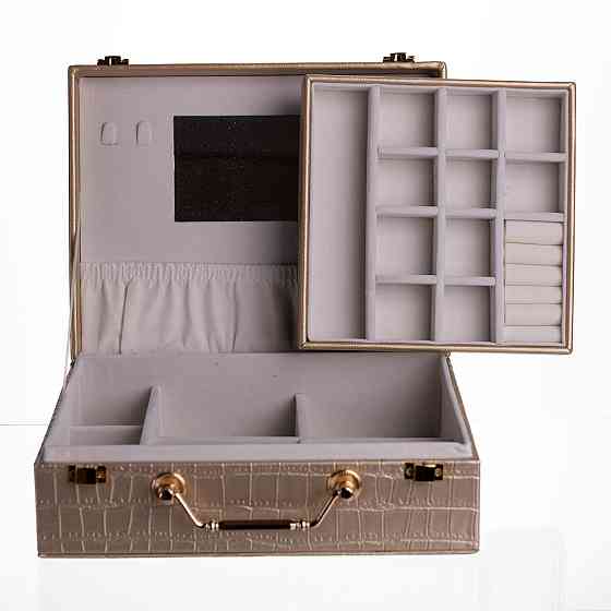 Скринька для прикрас з еко шкіри 19 відділень з дзеркалом 23.5×14×8 см Золотистий HP-5-20GOLD Коломыя