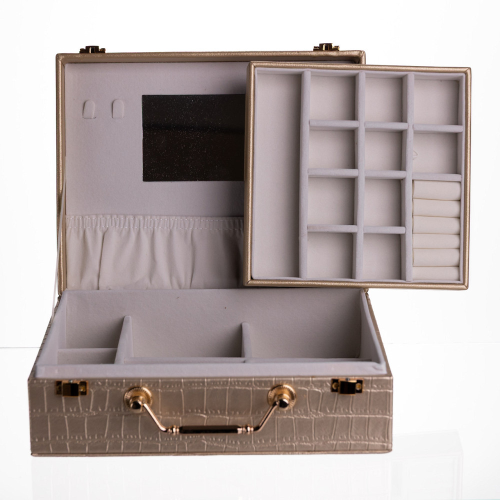 Скринька для прикрас з еко шкіри 19 відділень з дзеркалом 23.5×14×8 см Золотистий HP-5-20GOLD Коломыя - изображение 3
